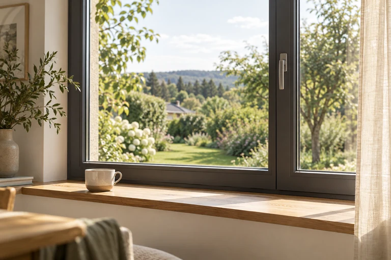Symbolmotiv: Heller Wohnraum mit großzügigem Fenster und Gartenblick